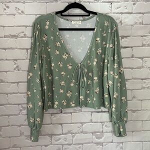 Green Long Sleeve Crop Cardigan with Tie Front
